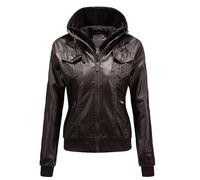 Vestes d'hiver pour femmes - Veste en cuir pour femme - Veste courte courte courte à capuche amovible doublée - Veste de moto grande taille - Manteaux d'hiver légers, marron, L