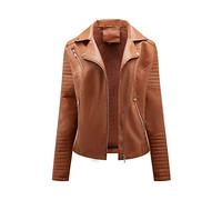 Vestes en Cuir à Revers pour Femmes Manteau De Moto AsyméTrique à Manches Longues Et Fermeture éClair VêTements De Moto Courts Printemps-Automne (Brun,L)