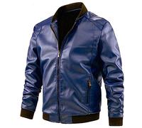 Vestes en cuir pour homme, coupe ajustée, manteau de moto en similicuir doublé polaire, chaud et confortable, veste d'automne et d'hiver, couleur unie, col classique, manteau de moto, bleu, XXL