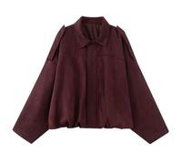 Vestes en daim synthétique pour femme - Avec fermeture éclair intégrale - Manches chauve-souris - Vêtements d'extérieur courts pour femmes - Mode décontractée - Manteaux de sortie 2025, bordeaux, L