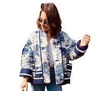 Vestes Matelassées Légères pour Femmes Cardigan Ample Imprimé à la Mode Manteau Bouffant Rembourré avec Poches,Bleu,S