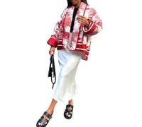 Vestes Matelassées Légères pour Femmes Cardigan Ample Imprimé à la Mode Manteau Bouffant Rembourré avec Poches,Rouge,L