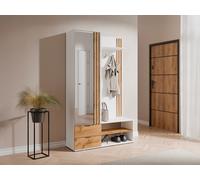 Vente-unique - Vestiaire avec Miroir et rangements - Blanc et Naturel - JANAKIA
