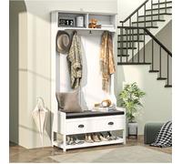 Vestiaire d'entree 2-en-1 avec porte-manteau 4 crochets banc a chaussures 2 tiroirs et 2 niches blanc et gris