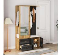 Vestiaire d'entrée avec banc à chaussures et miroir, Meuble a chaussures avec penderie, Meuble entree en noir, 100x38x180 cm