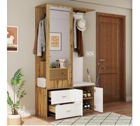 Vestiaire d'entrée avec banc à chaussures et miroir, Meuble a chaussures avec penderie, Meuble entree en blanc, 100x38x180 cm