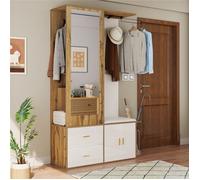 Vestiaire D'entrée avec Banc Capitonné et Miroir, Meuble Entree avec Penderie, Crochet, Portant Extensible, Tiroirs, Blanc Brillant