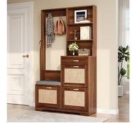 Vestiaire d'entrée avec banc range-chaussures 3 abattants et patères - LPOSPI - niches ouvertes MDF noyer