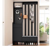 Vestiaire d'entrée avec Meuble a chaussures, Meuble entree avec banc de rangement rembourré et tableau à fiches, Noir, 100x35x180