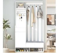 Vestiaire d'entrée avec Meuble a chaussures, Meuble entree avec banc de rangement rembourré et tableau à fiches, Blanc,