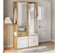 Vestiaire d'entrée, avec miroir, meuble à chaussures, tabouret à chaussures avec crochets et tringle à vêtements escamotable