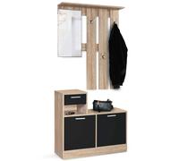 IDMarket Vestiaire d'entrée PAULIN – design hêtre avec miroir, portes noires
