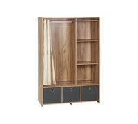 Vestiaire d'entrée - barre de penderie, 3 niches, 3 tiroirs tissu, rideau - panneaux aspect chêne clair polyester gris lin beige