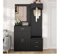 Vestiaire d'Entrée - Novélys - Meuble à Chaussures avec Banc, Penderie, Miroir et Tiroir - Tablettes Réglables - 110 cm, Noir