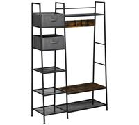 Vestiaire d'entrée style industriel - 6 étagères, 4 crochets, 2 tiroirs en tissu - dim. 125 x 43 x 185,5 H cm - acier et bois