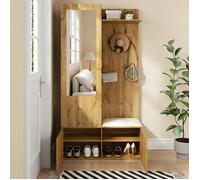 Vestiaire entrée, avec patères, miroir, meuble à chaussures, penderie dissimulée, étagère et banc à chaussures, finition bois