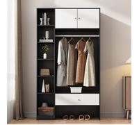 Vestiaire Entrée Compact 105x40x185 cm Armoire Polyvalente 2 Portes 6 Niches Ouvertes Barre Penderie Tiroir Rangement - Noir Blanc