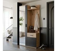 Vestiaire LEA avec armoire à chaussures Porte-manteau et miroir pour l'entrée Artisan Noir Crochet Étagères à chaussures Porte-manteau 97x195x30 cm