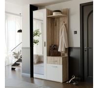 Vestiaire LEA avec armoire à chaussures Porte-manteau et miroir pour l'entrée Sonoma blanc Crochets Étagères à chaussures Porte-manteau 97x195x30 cm