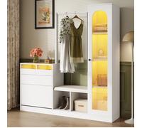 Vestiaire moderne, Meuble d'entrée combinée 6 en 1, Porte-manteau, Banc et étagère à chaussures, Vitrine en verre avec LED, Mirror