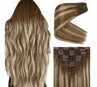 VeSunny Rallonges de cheveux humains à clipser pour tête entière - 45,7 cm - Brun ombré - 7 pièces - 120 g - Balayage couleur nº 8 brun clair à nº 22 blond mélangé brun