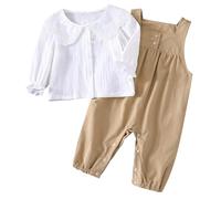 Vêtement Bébé d'automne Ensemble 2 Pièce Bébé Fille Uni T Shirt Manches Longues Boutons Col Dentelle et Salopette Pantalon à bretelles Tenue Casual 3-24 Mois (Kaki, 3-6 Mois)