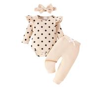 Vetement Bebe Fille 0 18 Mois Automne à Pois Body Bebe garçon Manche Longue Volants Combinaison côtes Printemps Pantalon Bandeau Noeud Ensemble kit Bebe Naissance Habits Tenue (Beige, 6-9 Mois)
