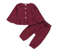 Vetement Bebe Fille 3-24 Mois Gaze De Coton Tee Shirt Manche Longue Volants Uni Haut Tops Automne + Pantalon Habits Tenue Ensembles Bébé Fille Mode 2 Pièces Doux Confort (Wine, 18-24 Months)