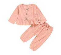 Vetement Bebe Fille 3-24 Mois Gaze De Coton Tee Shirt Manche Longue Volants Uni Haut Tops Automne + Pantalon Habits Tenue Ensembles Bébé Fille Mode 2 Pièces Doux Confort (Pink, 6-12 Months)