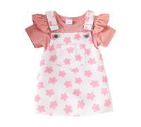 Vêtement Bébé Fille à Bretelles Jupes Nœuds /Imprimé Fleurs+Shirt Ensemble | Top col Rond Uni à Manche Courte/Longue,Robe Chasuble à Bretelles Réglables,Ensemble Salopette Jupe Bébés,Adorable et Mignon