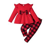 Vetement Bebe Fille Ensemble 2 Pièces Automne, Tenue Pantalon Carreaux et Haut, Vêtement Confortable 3M-3A, Costume Mignon avec Nœud(Red, 6-9 Months)