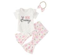 Vetement Bebe Fille Ensemble 3 Pièces Pâques, Tenue Naissance, Vêtement 0-18 Mois, Barboteuse, Pantalon Évasé et Bandeau, Lapin(White, 6-12 Months)