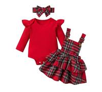 Vetement Bebe Fille Ensemble 3 Pièces Robe Écossaise, Tenue Naissance 0-24 Mois, Barboteuse Côtelée et Bandeau, Costume Photo(Red, 12-18 Months)