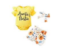 Vetement Bebe Fille Ensemble Été 3 Pièces, Tenue Naissance, Vêtement 0-18 Mois, Body Court, Short et Bandeau, Imprimé Floral(Yellow, 9-12 Months)