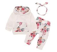 Vetement Bebe Fille Hiver 0-18 Mois Pivoine Tee Shirt à Manches Longues avec Poche Sport Ensembles Fille Sweat a Capuche Pantalon avec Cordon Bandeau Mode Tenue 3 Pieces Elegant (White, 9-12 Months)