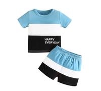 Vetement Bebe garçon 6 Mois à 3 Ans Tricolore Ensembles garçon ete 2 Pieces t-Shirts à Manches Courtes garçon Patchwork Casual Short Enfant garçon Sport décontractée Tenue Habit (Navy, 9-12 Mois)