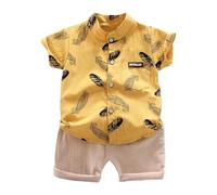Vetement Bebe garçon ete 1-4 Ans Plume Chemise à Manches Courtes avec Poche Sport Ensemble Enfant Garcon Haut Top Shorts et Bermudas Sportwear Tenue 2 Pieces Pyjama Garcon (Yellow, 3-4 Ans)