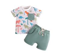 Vetement Bebe garçon Naissance 0-3 Ans Ensemble ete Dinosaure Animal t-Shirts à Manches Courtes garçon col Rond Poche Haut Top Tee Shirt Mignon Dessin animé Shorts et Bermudas (Blue, 0-6 Mois)