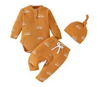 vetement bebe garçon naissance ensemble 3pcs body bebe garçon 0-18 mois manche longue cotele printemps barboteuse Combinaison doux + pantalon + bonnet tenue bebe garcon mode (Brown, 0-3 Months)