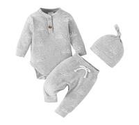 vetement bebe garçon naissance ensemble 3pcs body bebe garçon 0-18 mois manche longue cotele printemps barboteuse Combinaison doux + pantalon + bonnet tenue bebe garcon mode confort (Grey, 0-3 Months)