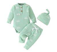 vetement bebe garçon naissance ensemble 3pcs body bebe garçon 0-18 mois manche longue cotele printemps barboteuse Combinaison doux + pantalon + bonnet tenue bebe garcon mode (Green, 6-9 Months)