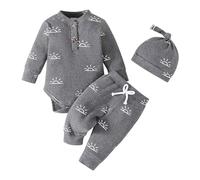 vetement bebe garçon naissance ensemble 3pcs body bebe garçon 0-18 mois manche longue cotele printemps barboteuse Combinaison doux + pantalon + bonnet tenue bebe garcon mode (Dark Gray, 3-6 Months)
