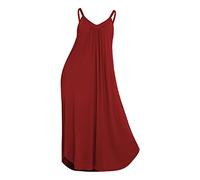Vêtement de nuit en coton pour femme - Long pyjama sans manches - Col en V - Chemise de nuit douce et confortable - Avec bretelles spaghetti - Robe de maison - Vêtement de détente, rouge, XL