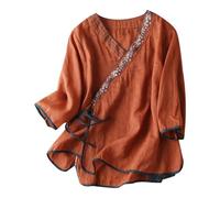 Vêtement de style chinois pour femme - Coton et lin - Broderie élégante - Grandes tailles - Tunique élégante - Col en V - Vintage - Manches 3/4 - Tunique enveloppante - Tang, Orange, XL