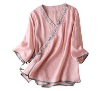 Vêtement de style chinois pour femme - Coton et lin - Broderie élégante - Grandes tailles - Tunique élégante - Col en V - Vintage - Manches 3/4 - Tunique enveloppante - Tang, Rose, 4XL