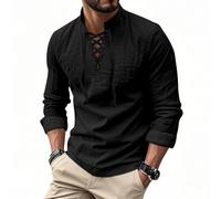 Vêtement Décontracté Masculin Composition Lin Coton Col Haut Boutonnage Courte Manches Longues Aspect Uni Port sans Contrainte Confort Journée Entière Look Casual Chic Black TTG (XX_l)