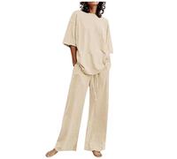 Vetement En Lin Pantalon D'éTé Couleur Unie DéContracté Taille éLastique Avec Cordon De Serrage Poches à Cordon Manches Courtes Col Rond Jambes Larges