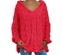Vetement Femme Chic Pull Femme Long Hiver Féminine Lâche Grande Taille Couleur Unie Capuche Manches Longues Pull Hauts pour Les Fetes Sweat Hiver Red M