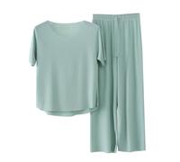 Vetement Femme Ete Deux Pièces Ensembles Pajamas Printemps Coton Loungewear Basics Womens Leger Sets Pajama Haut Manches Courtes Pantalon Capri Costume Vert Set Pas Cher Pyjama Court Femme
