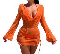 Vetement Femme Ete Maillot De Bain Short Womens Bathing Suits Solid Color Strap Sexy Bikini Set with Cover Up Dress Maillots Deux PièCes Femme Maillot De Bain 1 Sexy (Orange, L)